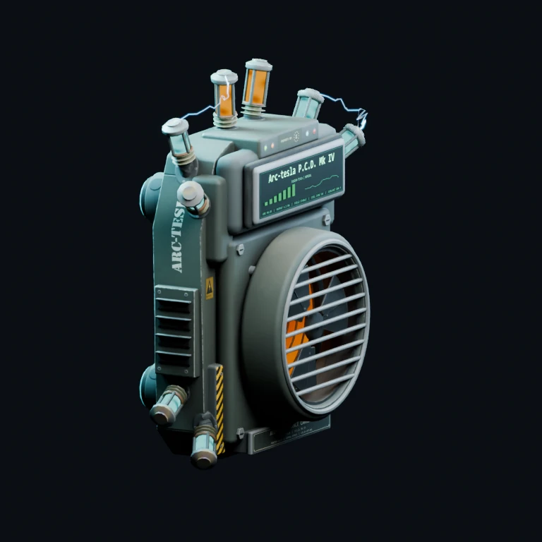 ARC-Tesla backpack with glowing coils and a front reactor fan